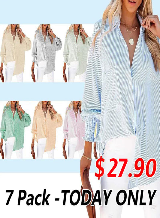 2026 ItemWomen's pleated cuffs striped shirt with pockets and casual collar